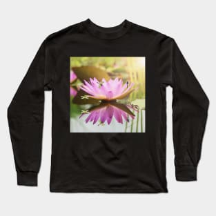 Water Lily Lotus with Dragonflies Reflection Long Sleeve T-Shirt